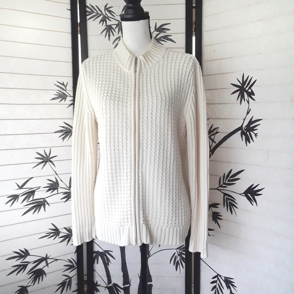 Liz Claiborne Ivory Ribbed Knit Front Zip Sweater